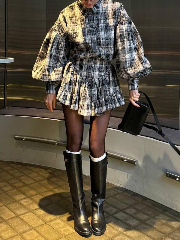 Loose Plaid Puff Sleeves Split-Joint Lapel Blouse + Pleated Ruffled Miniskirts Two Pieces Set Product Image