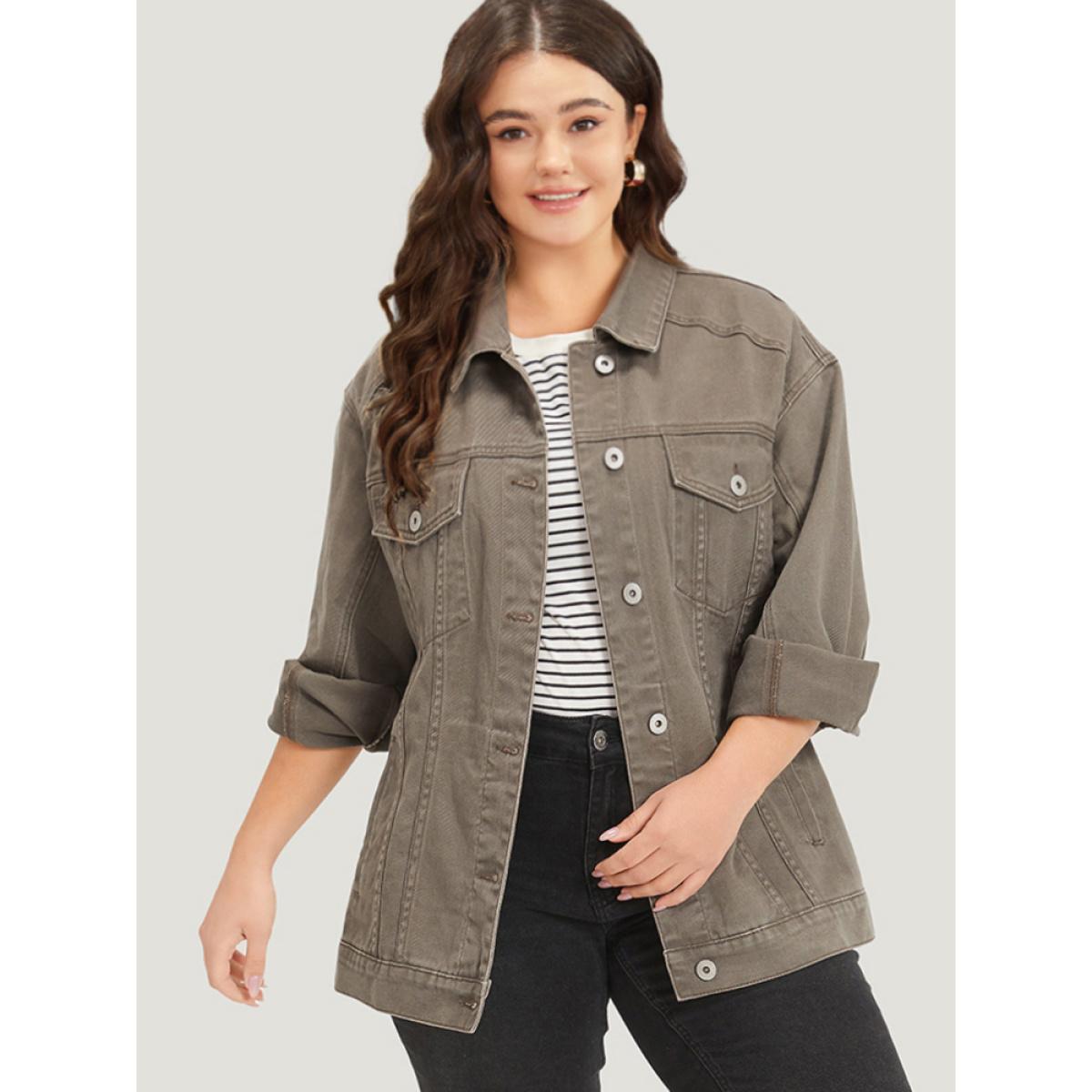 Women Solid Denim Button Fly Flap Pocket Light Wash Jacket LightBrown Plus Size Plain Button Everyday Pocket Casual Denim Jackets BloomChic 28/5X Product Image