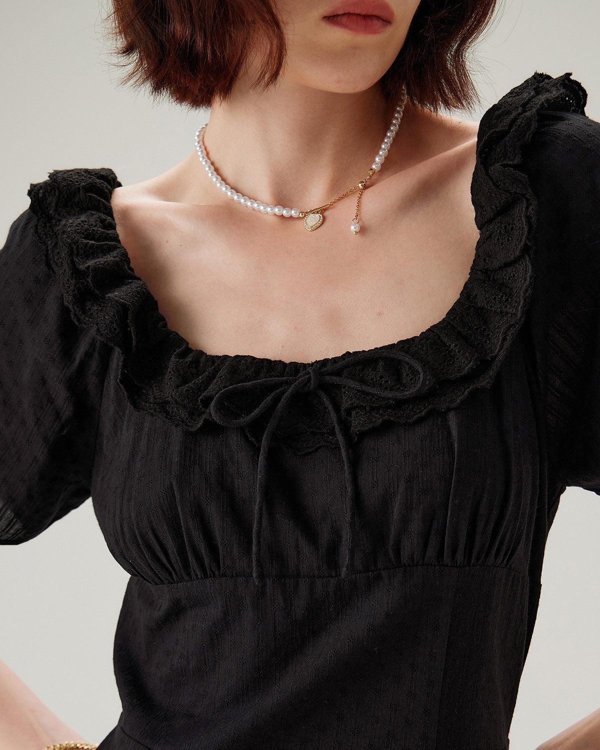 Black Embroidery Puffed Sleeve Maxi Dress Product Image