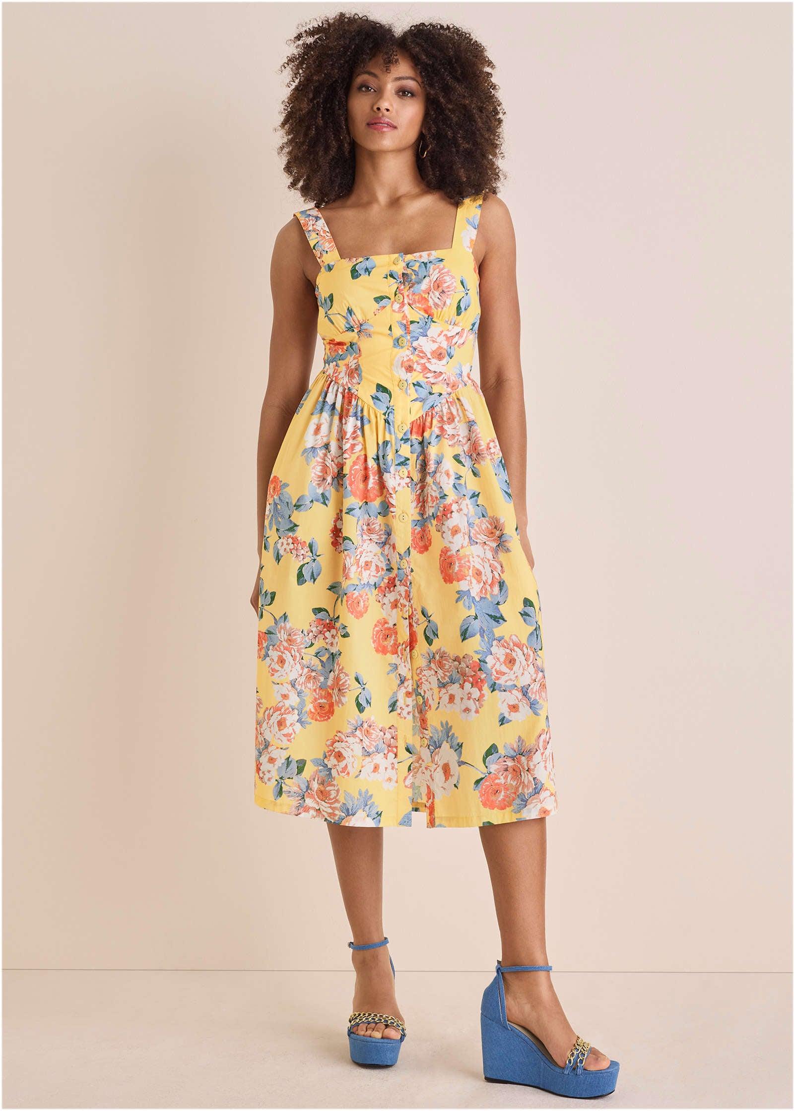 Floral Poplin Midi Dress - Custard Roses Product Image
