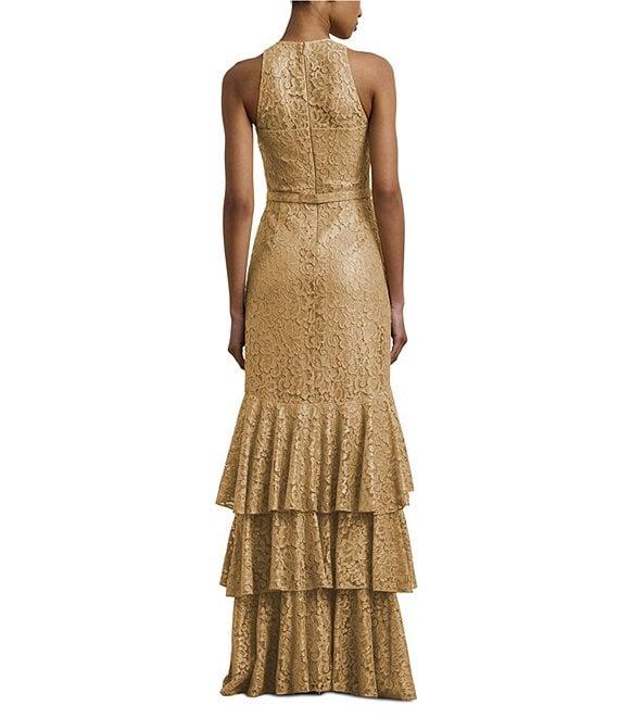 Lauren Ralph Lauren Metallic Lace Round Neck Sleeveless Belted Tiered Gown Product Image