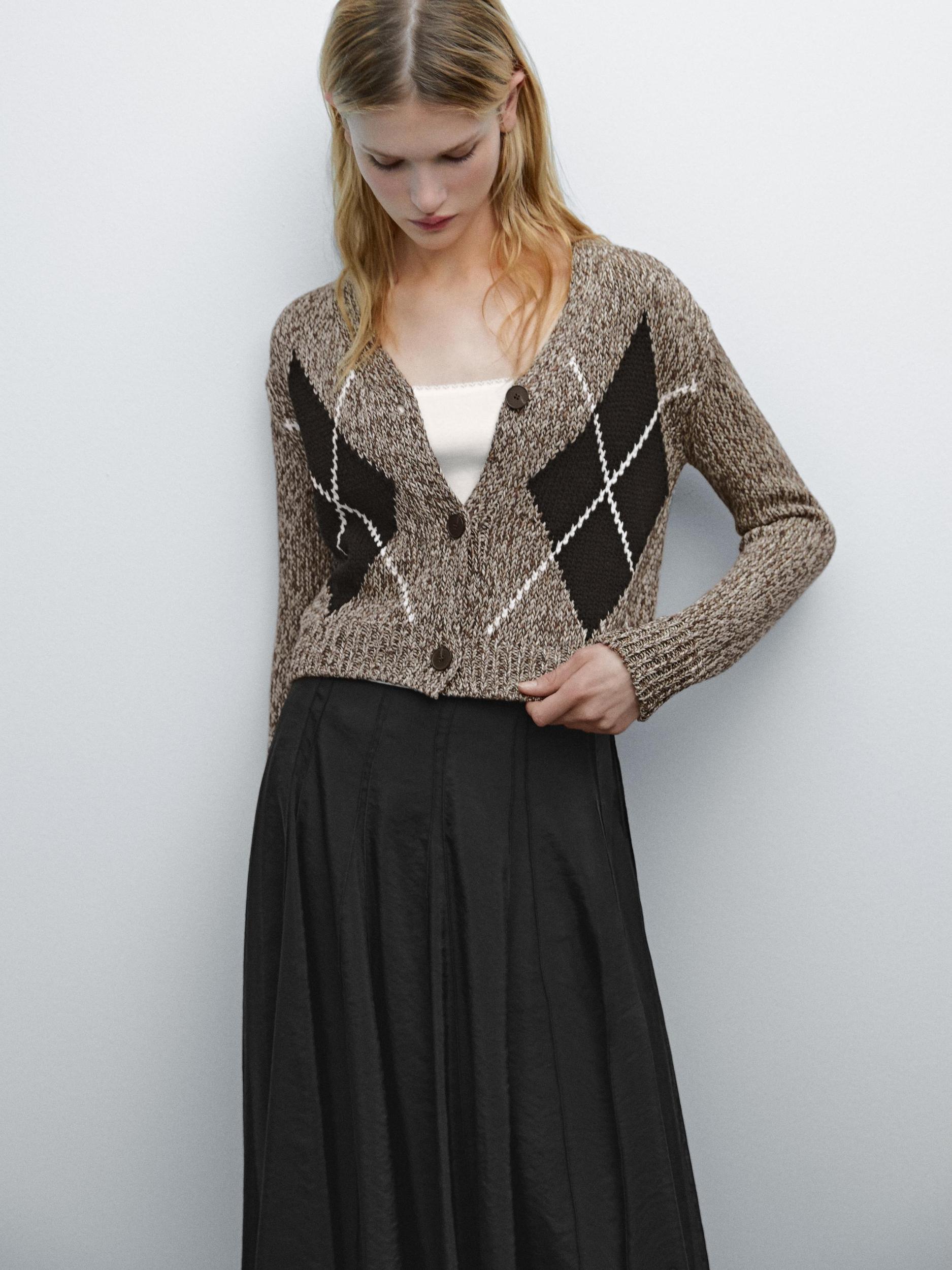 Cropped cotton argyle knit cardigan Product Image