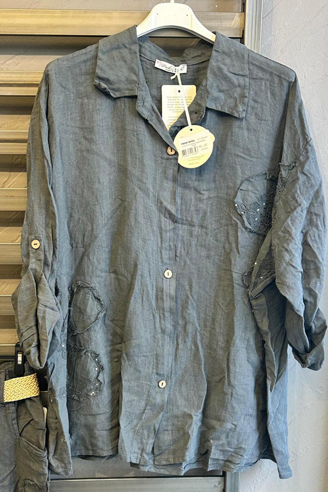 Sequin Flower Applique Linen Top Product Image