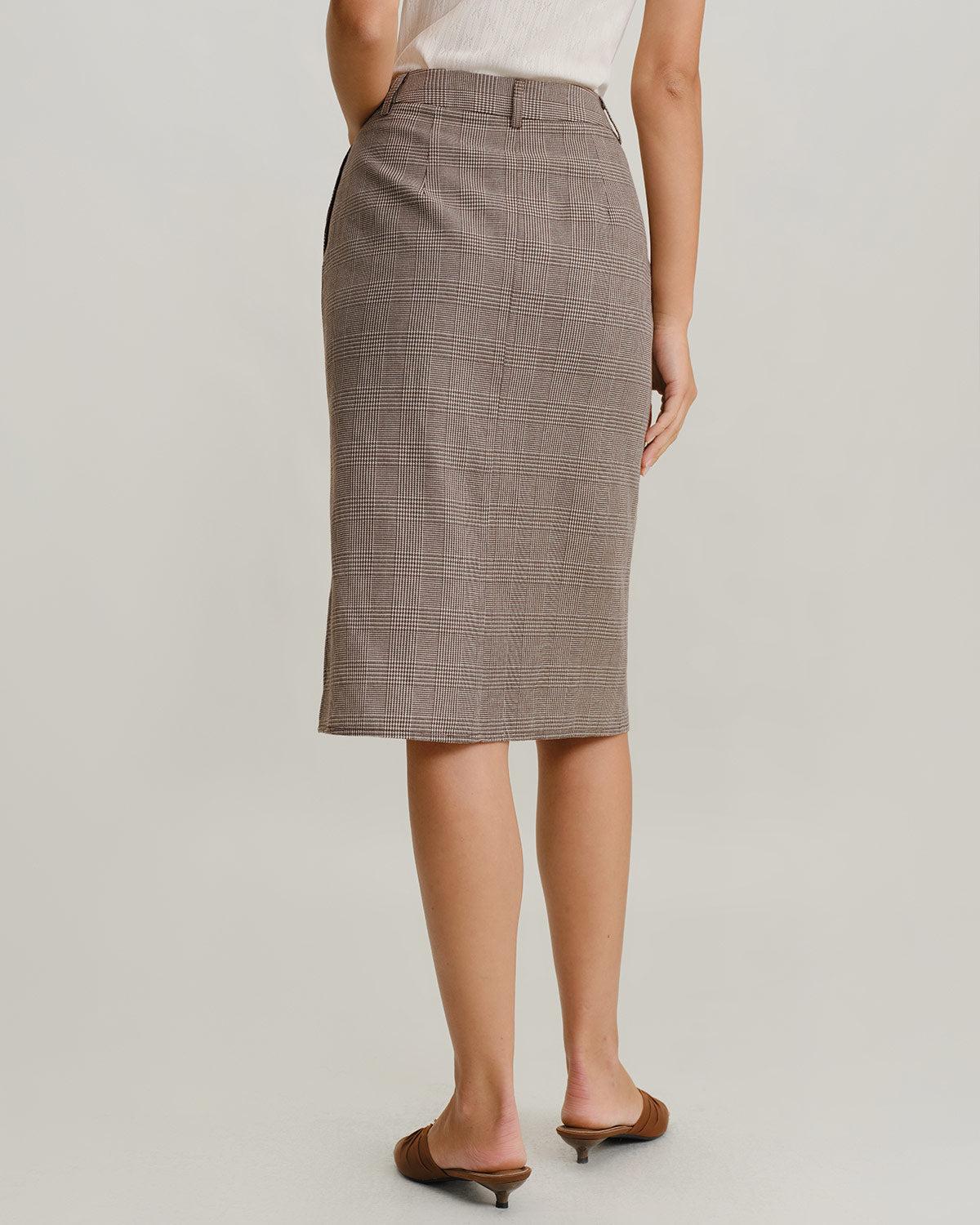 Brown Plaid Straight Midi Skirt Product Image