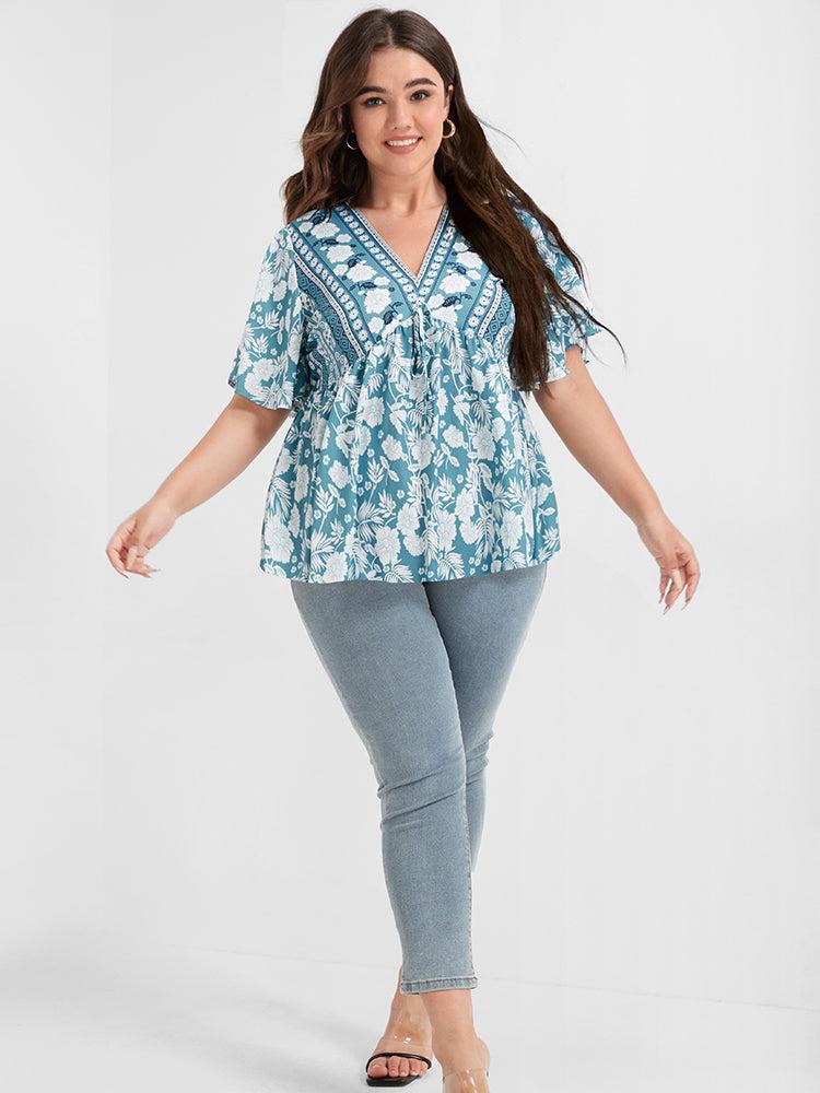 Floral Print Ties Ruffled Babydoll V Neck Blouse Female Product Image