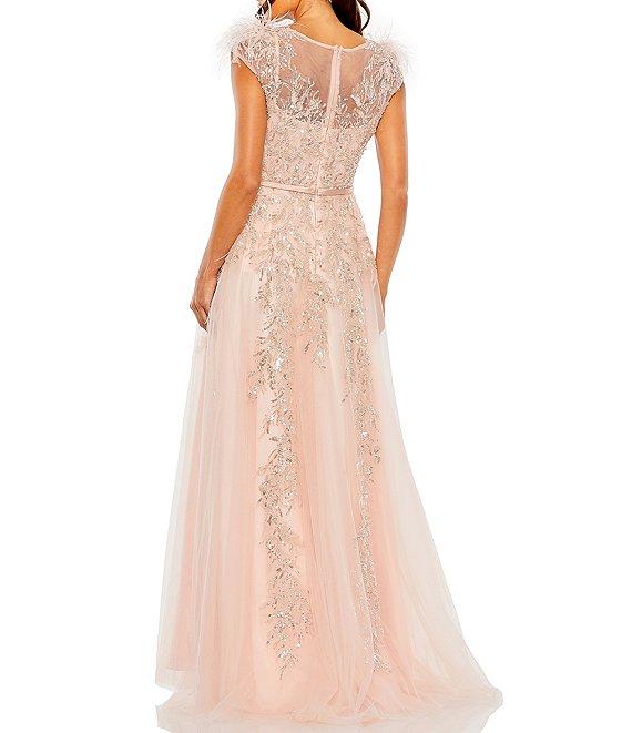 Mac Duggal Beaded Illusion Crew Neck Feather Cap Sleeve A-Line Gown Product Image