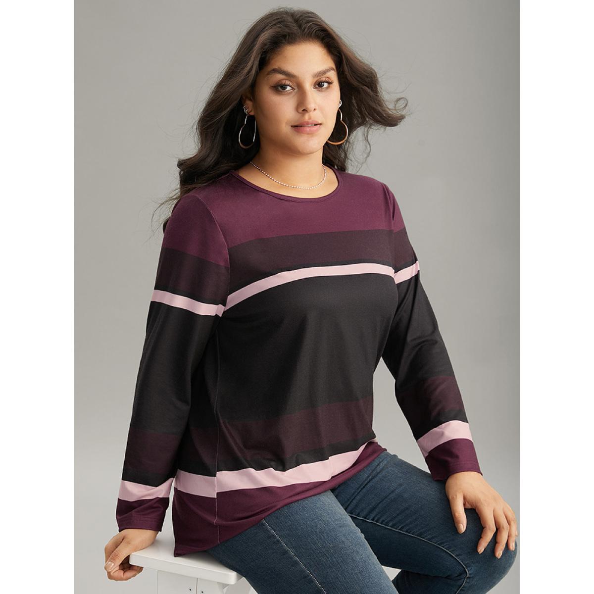 Plus Size Striped Colorblock Contrast Round Neck T-shirt Multicolor Women Casual Printed Colorblock Round Neck Dailywear T-shirts BloomChic 30/6X Product Image