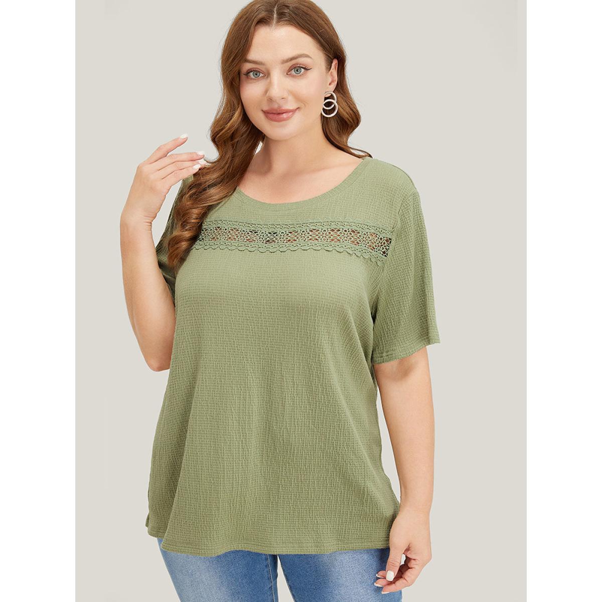 Plus Size Plain Textured Contrast Lace Crew Neck T-shirt Sage Women Elegant Plain Round Neck Dailywear T-shirts BloomChic 30/6X Product Image