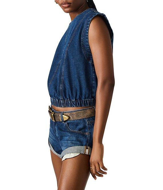 Steve Madden Leila Scoop Neck Cap Sleeve Elastic Hem Denim Crop Top Product Image