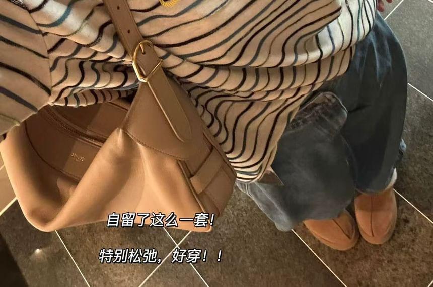 Short-Sleeve Crew Neck Striped Embroidered T-Shirt Product Image