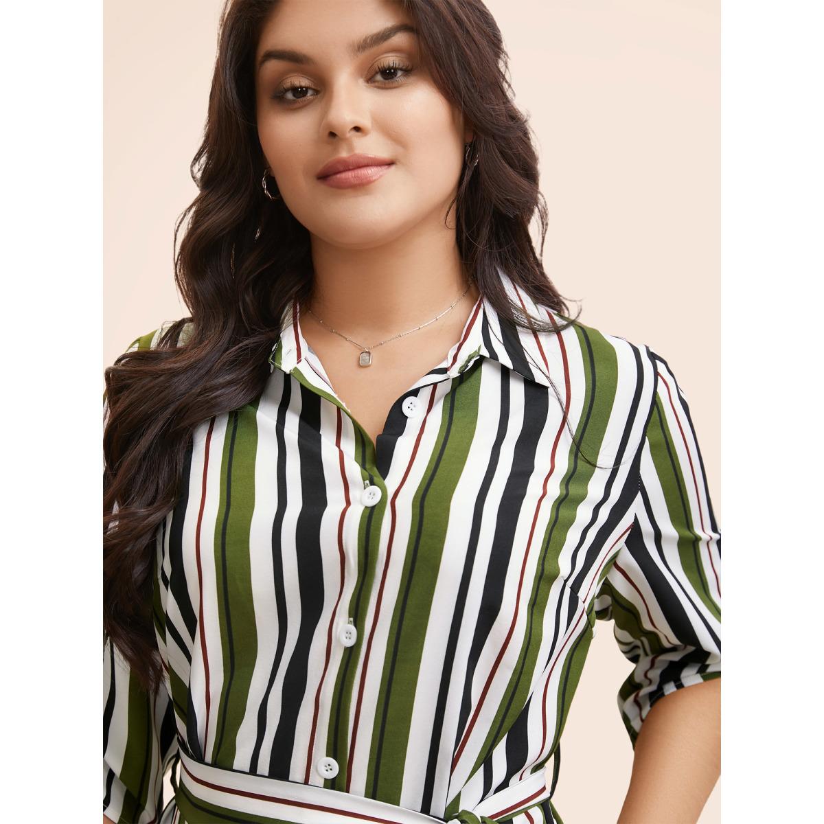 Plus Size Striped Tab Sleeve Arc Hem Dress Multicolor Women Workwear Essentials Belted Shirt collar Elbow-length sleeve Curvy BloomChic 26/4X Product Image