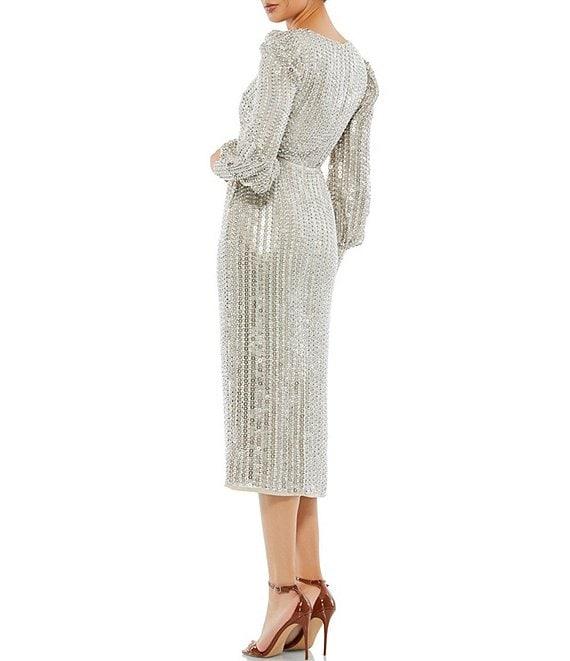 Mac Duggal V-Neck Long Sleeve Sequin Sheath Midi Dress Product Image