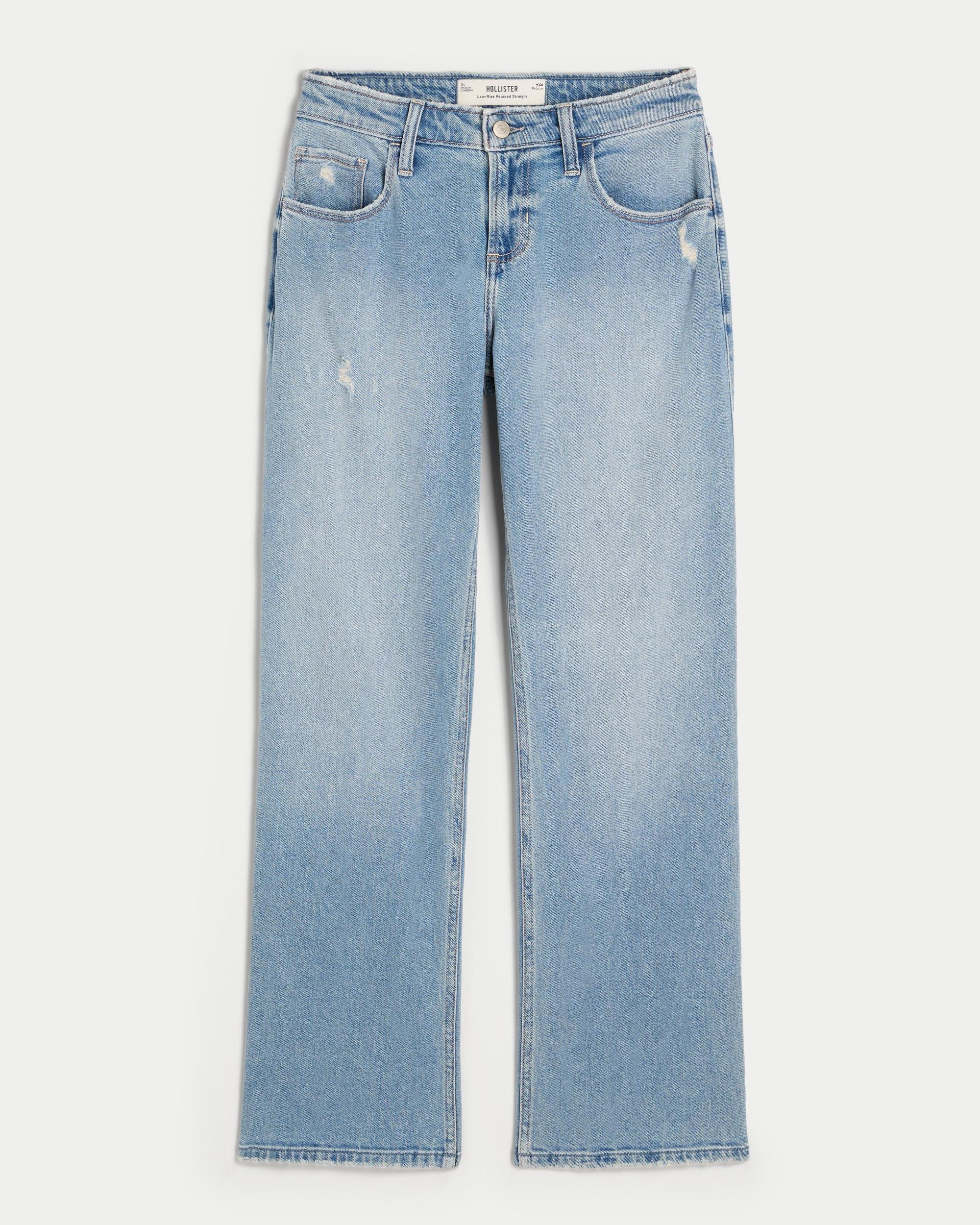 Low-Rise Distressed Medium Wash Relaxed Straight Jeans Product Image