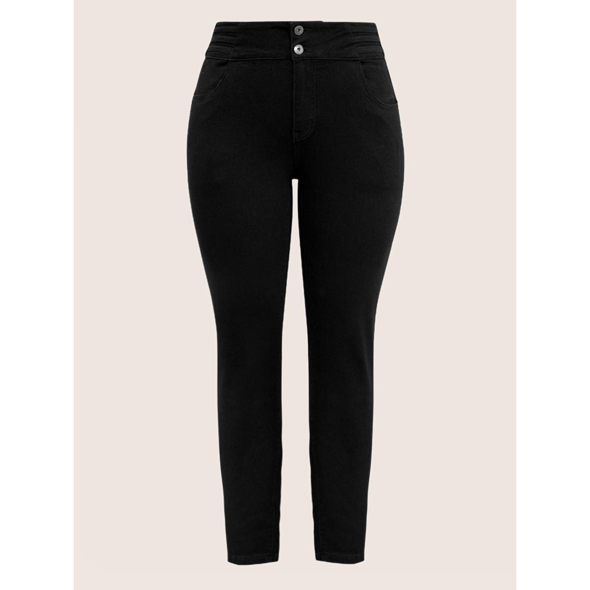 Plus Size Black Wash Button Through Skinny Jeans Women Black Casual Plain Plain High stretch Pocket Jeans BloomChic 16/1X Product Image