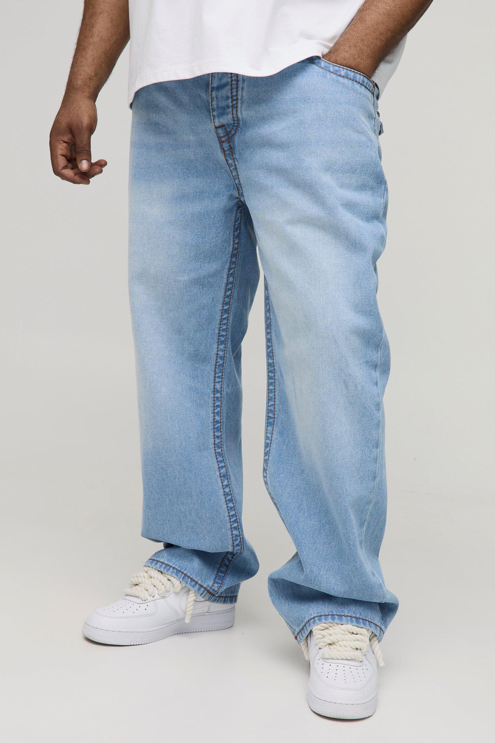 Plus Chunky Contrast Stitch Straight Leg Jeans | boohooMAN USA Product Image
