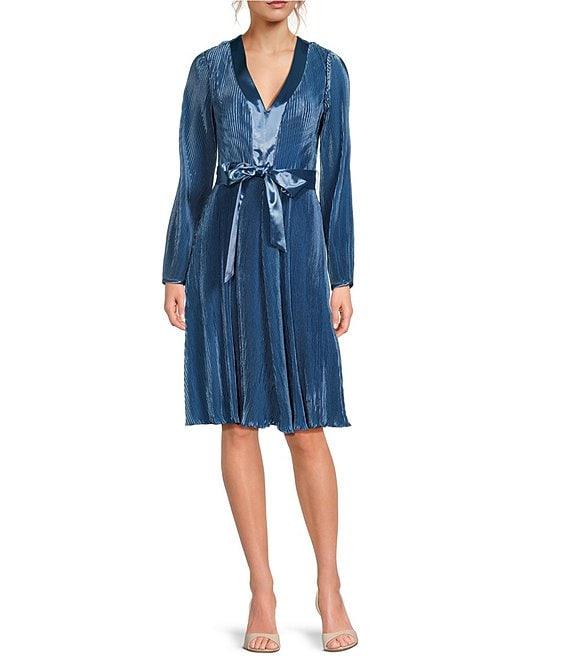 Donna Karan Satin V-Neck Long Sleeve Tie Sash Sheath Dress Product Image