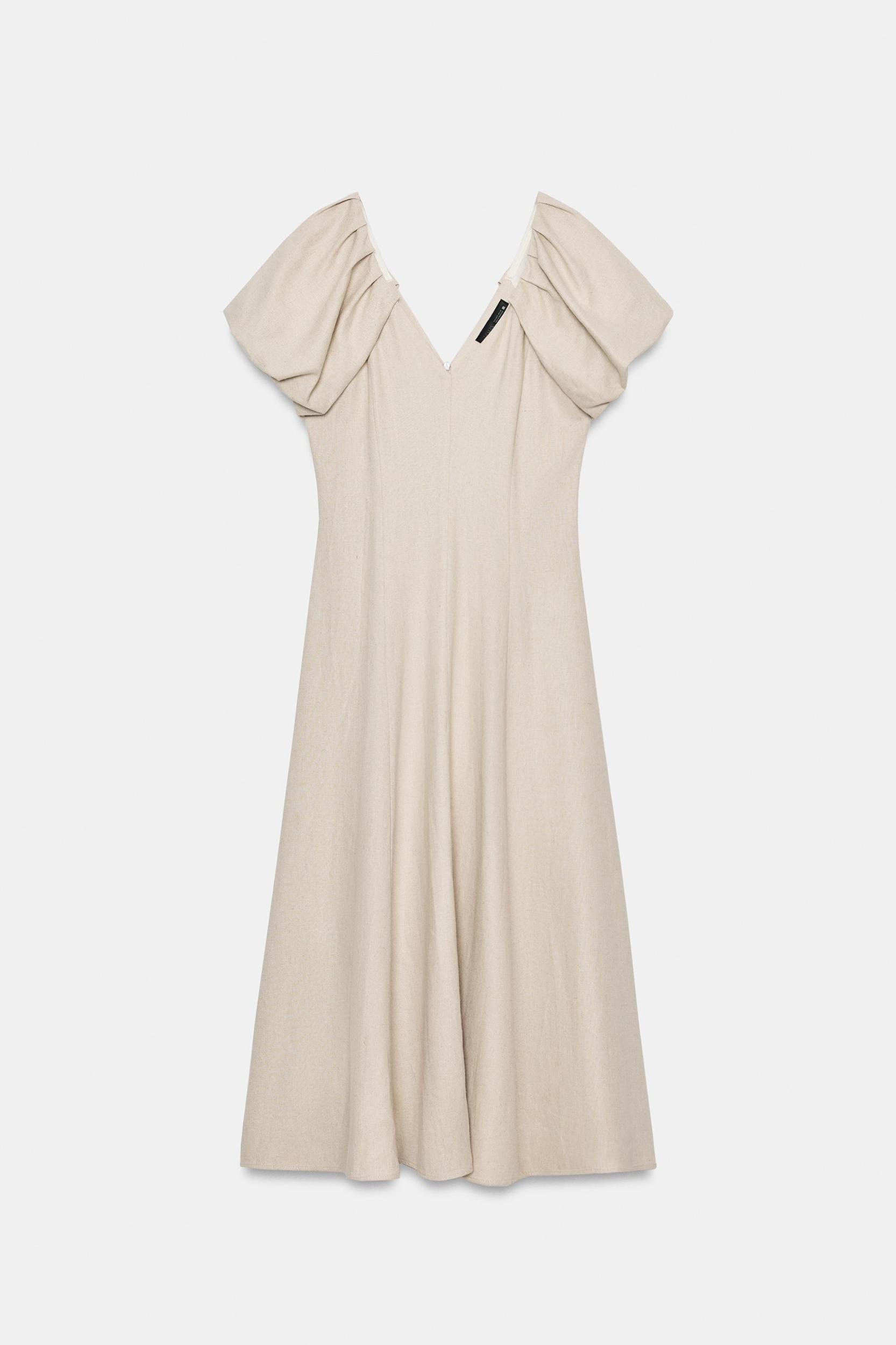 LINEN BLEND PUFF SLEEVE MIDI DRESS Product Image