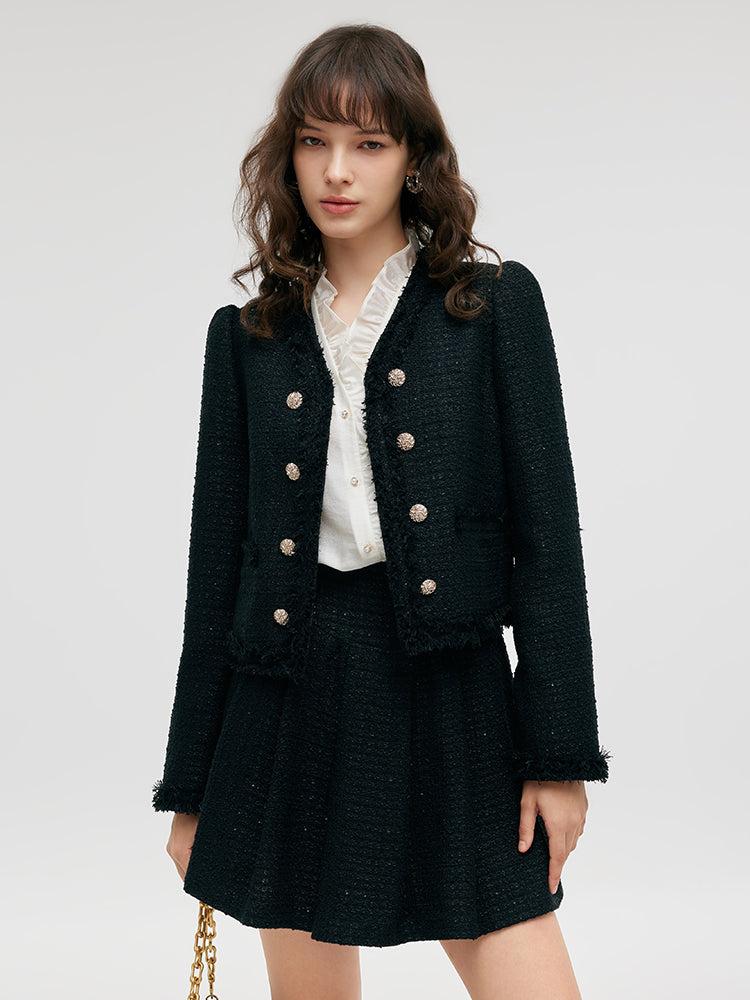 Tweed Fringe V-Neck Women Crop Jacket Product Image