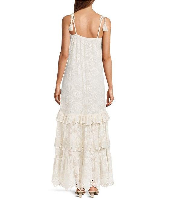 A Loves A Woven Embroidered Lace Sqaure Neck Spaghetti Tie Strap Button Front Tiered Flounce Maxi Dress Product Image