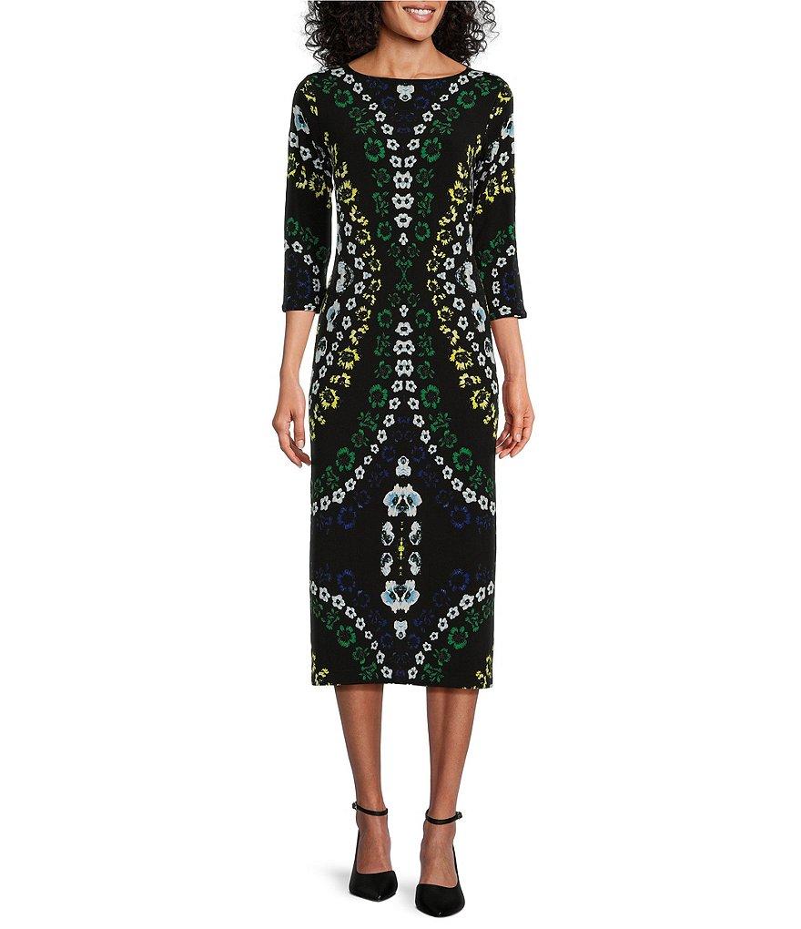 Eva Varro Knit Jersey Floral Pattern Crew Neck 3/4 Sleeve Side Slit Midi Dress Product Image