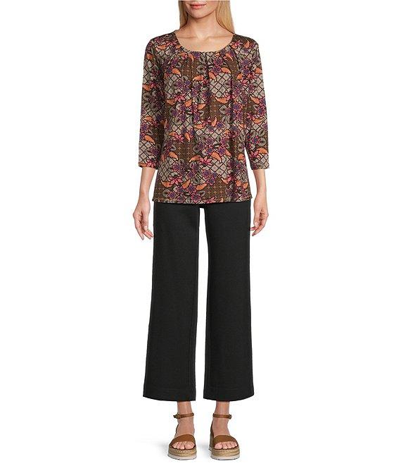 Intro Knit Jersey Beaujolais Floral Batik Print 3/4 Sleeve Pleated Neck Tee Product Image