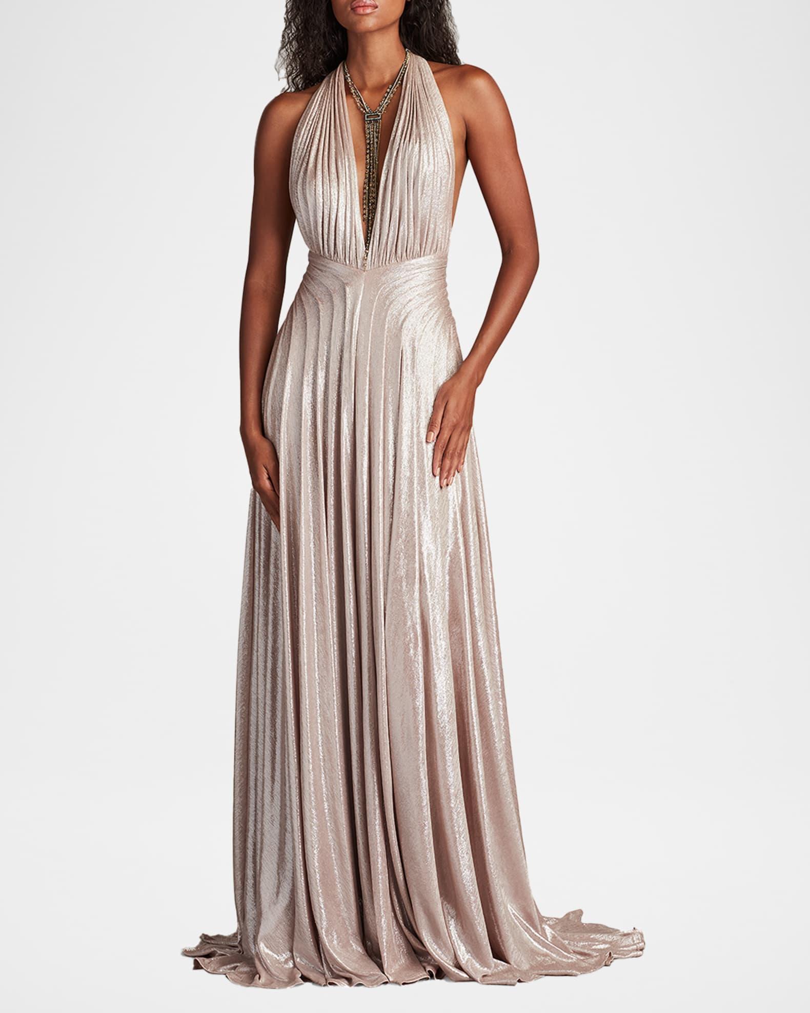 Backless Draped Deep V-Neck Gown Product Image