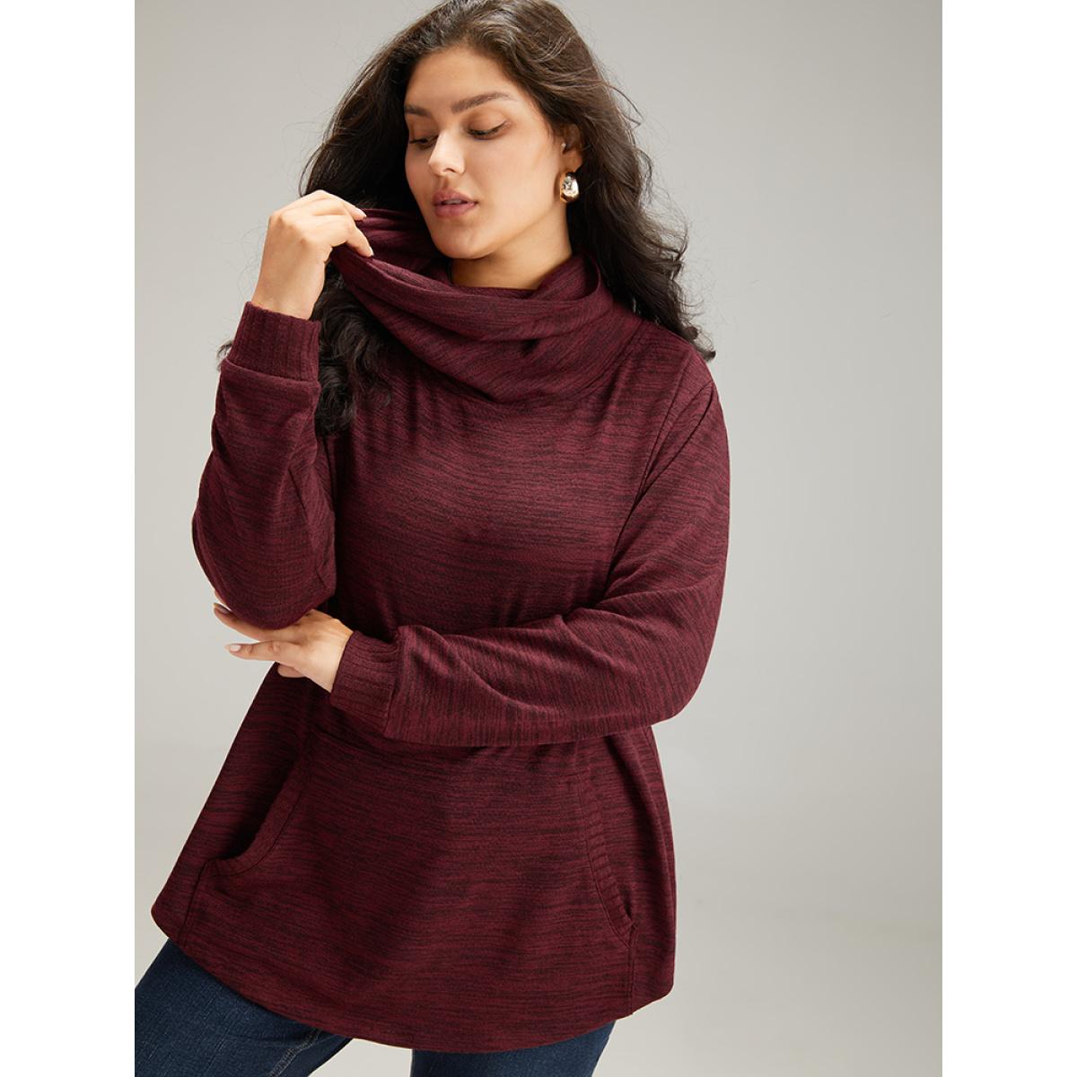 Plus Size Plain Turtleneck Pocket Heather Sweatshirt Women Burgundy Elegant Plain Turtleneck Dailywear Sweatshirts BloomChic 18-20/2X Product Image