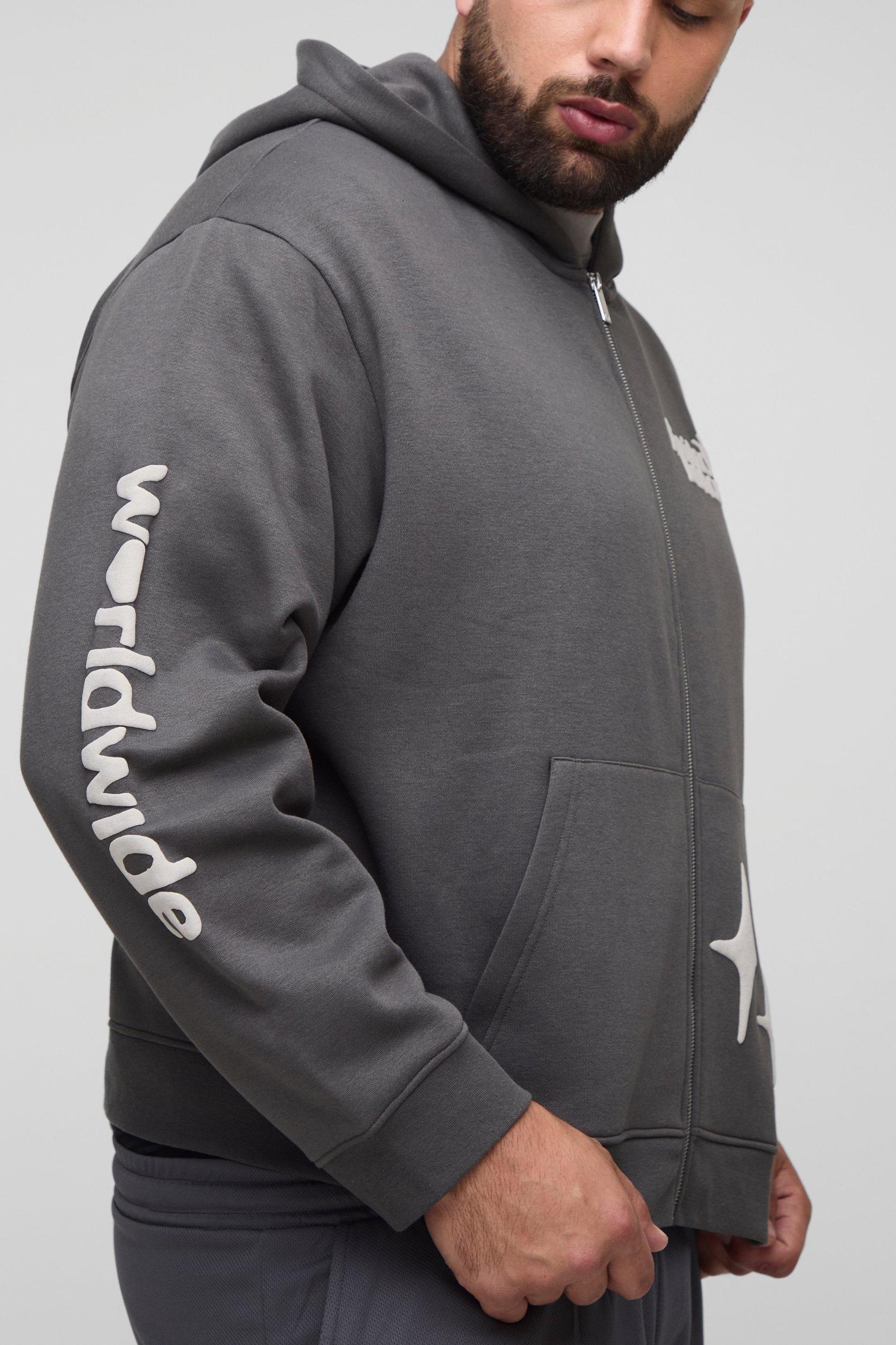 Plus Oversized Boxy Worldwide Puff Print Zip Through Hoodie | boohooMAN USA Product Image