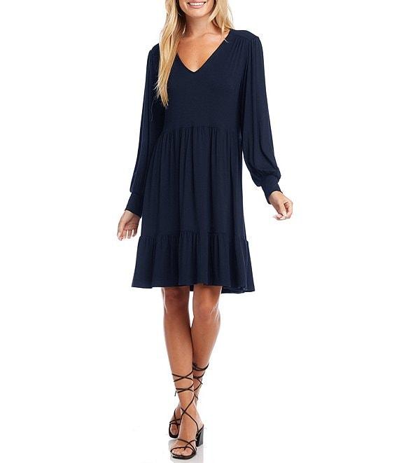 Karen Kane V-Neck Long Blouson Sleeve Tiered Ruffle A-Line Dress Product Image