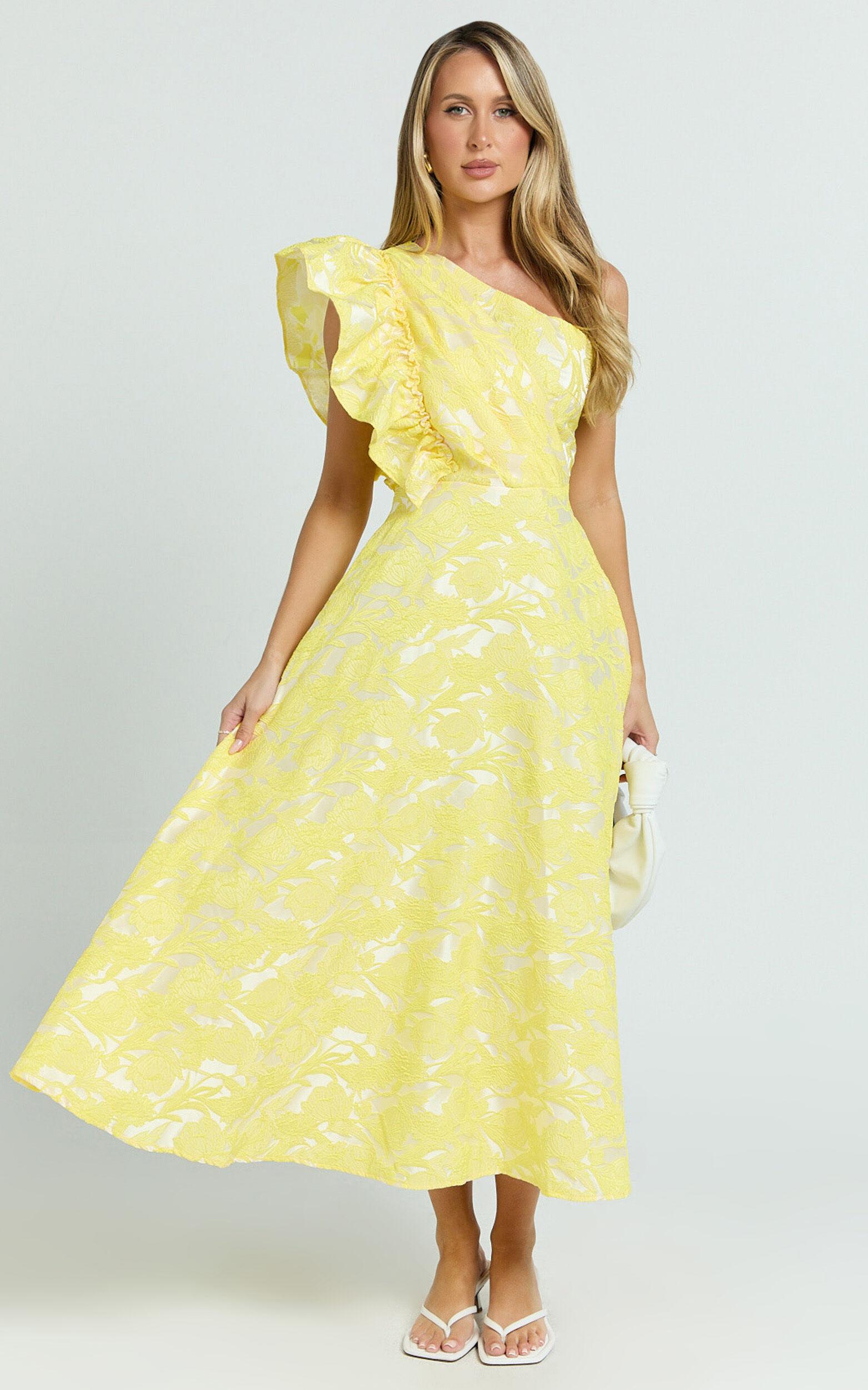 Alfreda Midi Dress - One Shoulder Ruffle Detail Brailey Jacquard Dress in Yellow Jacquard Product Image
