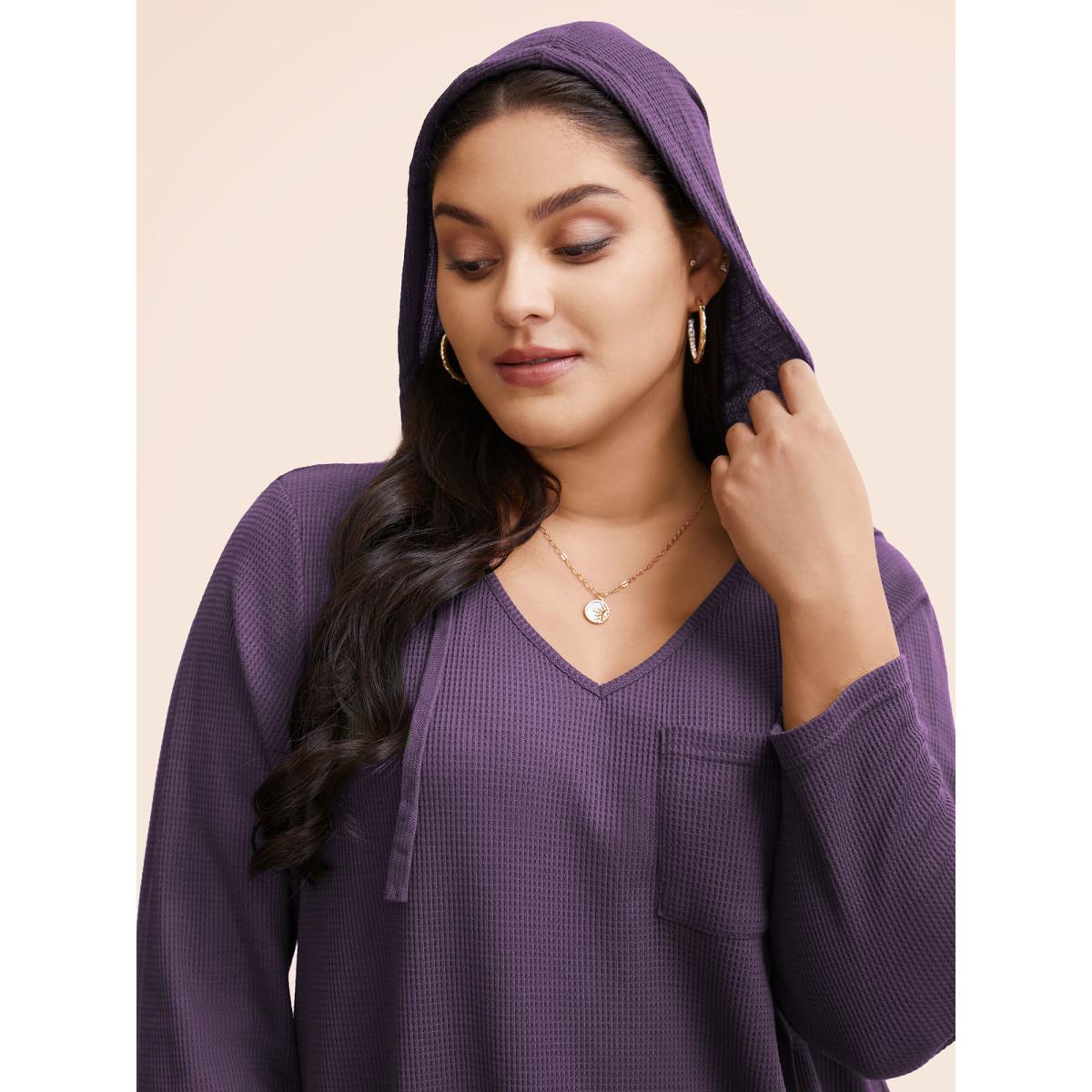 Plus Size Waffle Knit Pocket Hooded Drawstring Arc Hem T-shirt Purple Women Casual Texture Plain Hooded Everyday T-shirts BloomChic 12/L Product Image