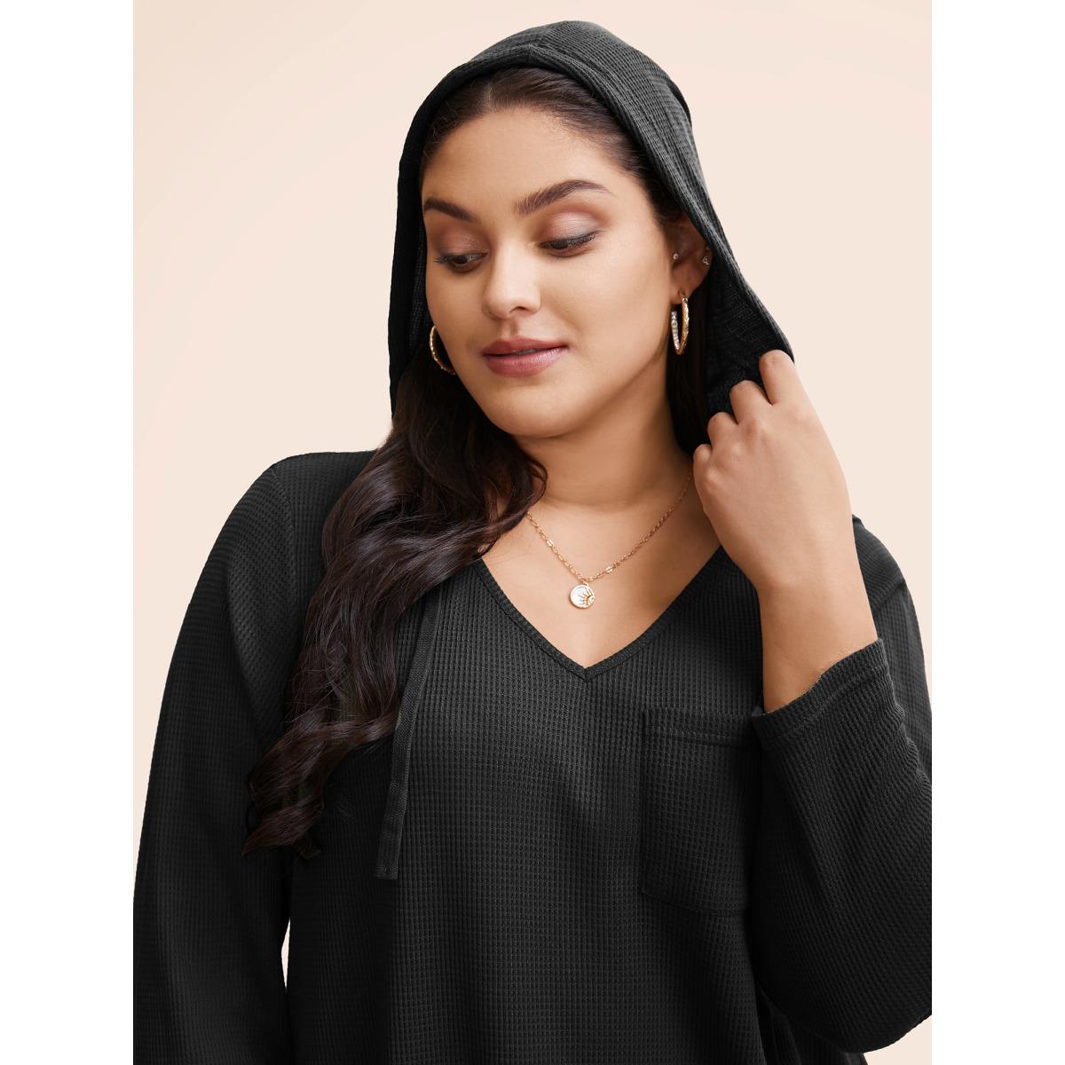 Plus Size Waffle Knit Pocket Hooded Drawstring Arc Hem T-shirt Black Women Casual Texture Plain Hooded Everyday T-shirts BloomChic 14-16/1X Product Image