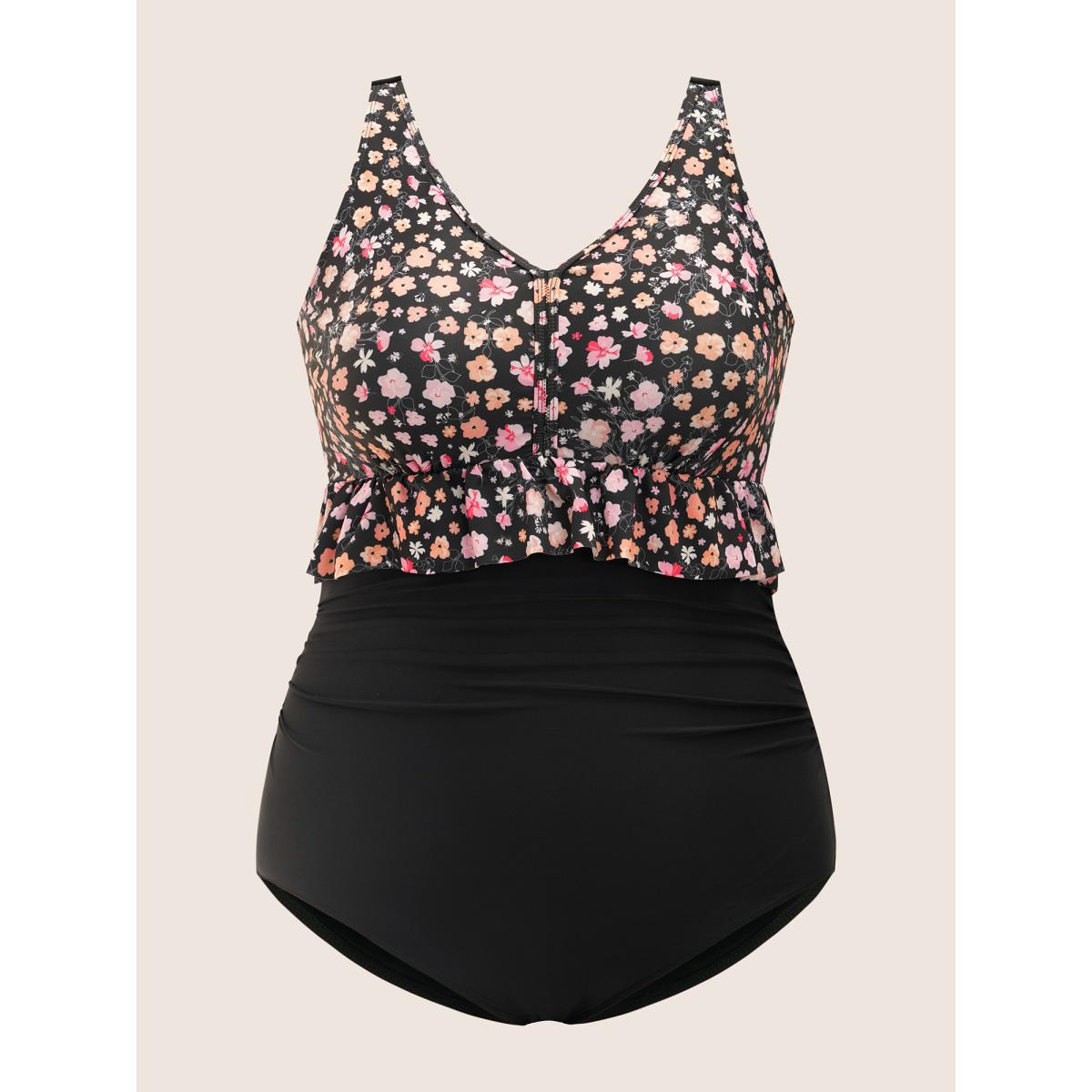Plus Size Ditsy Floral Patchwork Ruffle Trim One Piece Swimsuit Women's Swimwear Black Beach Gathered Curve Bathing Suits High stretch One Pieces BloomChic 12/L Product Image