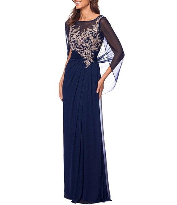 Betsy & Adam Petite Size Boat Neck Cap Sleeve Drape Back Chiffon Applique Sheath Gown Product Image