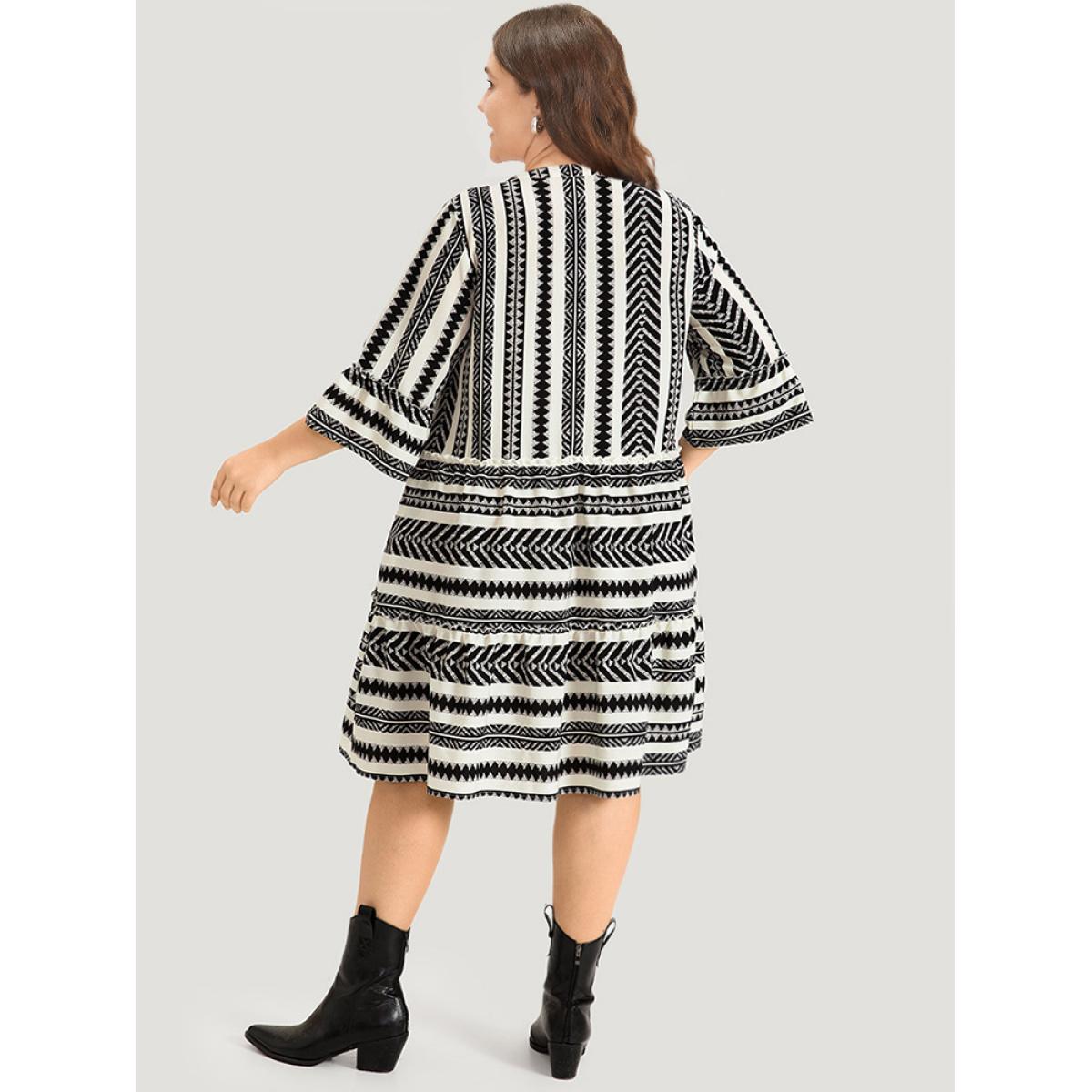Plus Size Bandana Striped Pocket Button Detail Notched Patchwork Dress White Women Vacation Printed V-neck Elbow-length sleeve Curvy Midi Dress BloomChic 28/5X Product Image