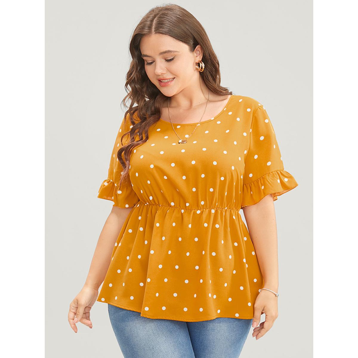 Plus Size Orange Polka Dot Crisscross Back Ruffles Trim T-shirt Women Elegant Short sleeve Round Neck Dailywear Blouses BloomChic 12/L Product Image