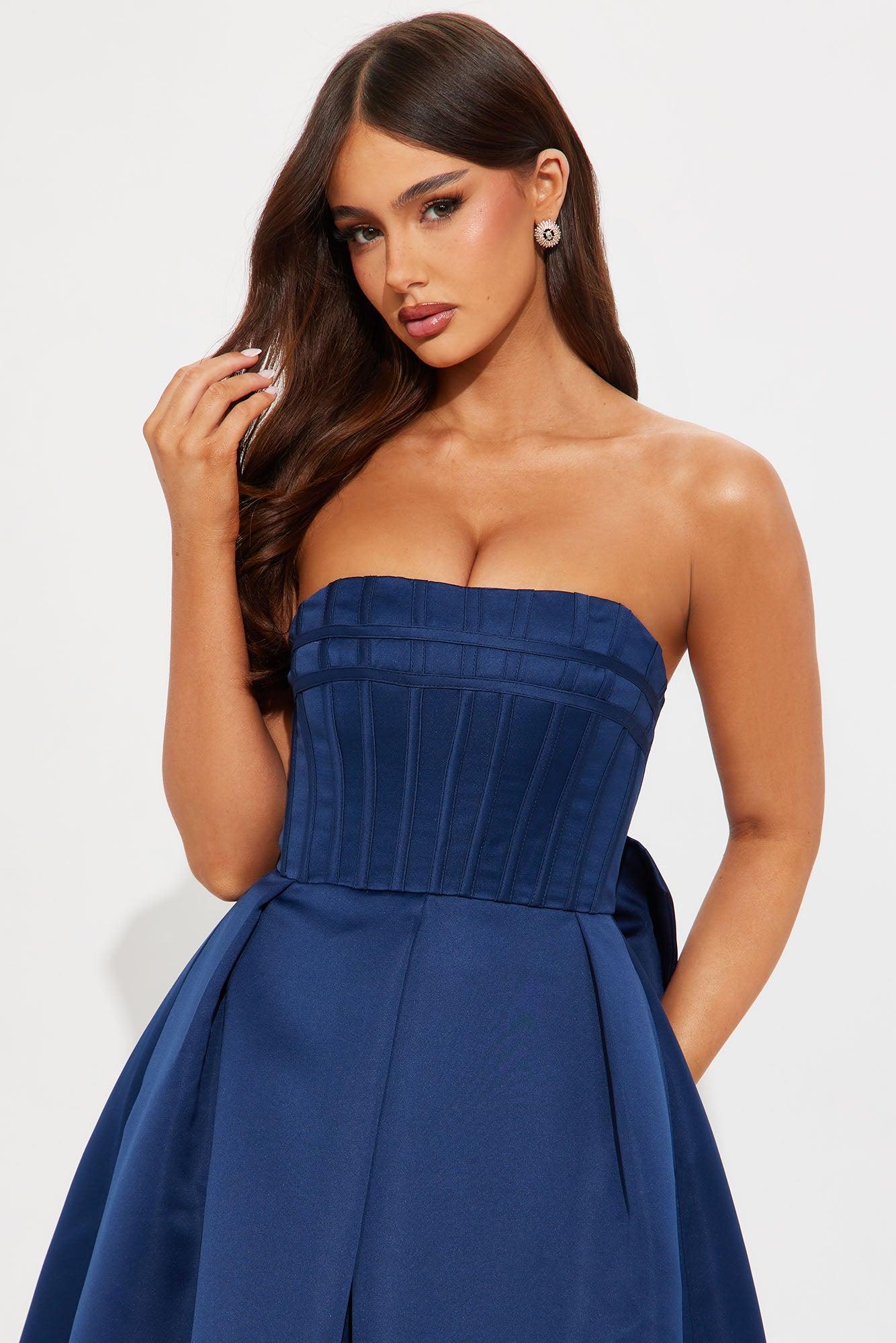 Majestic Night Satin Midi Dress - Navy Product Image
