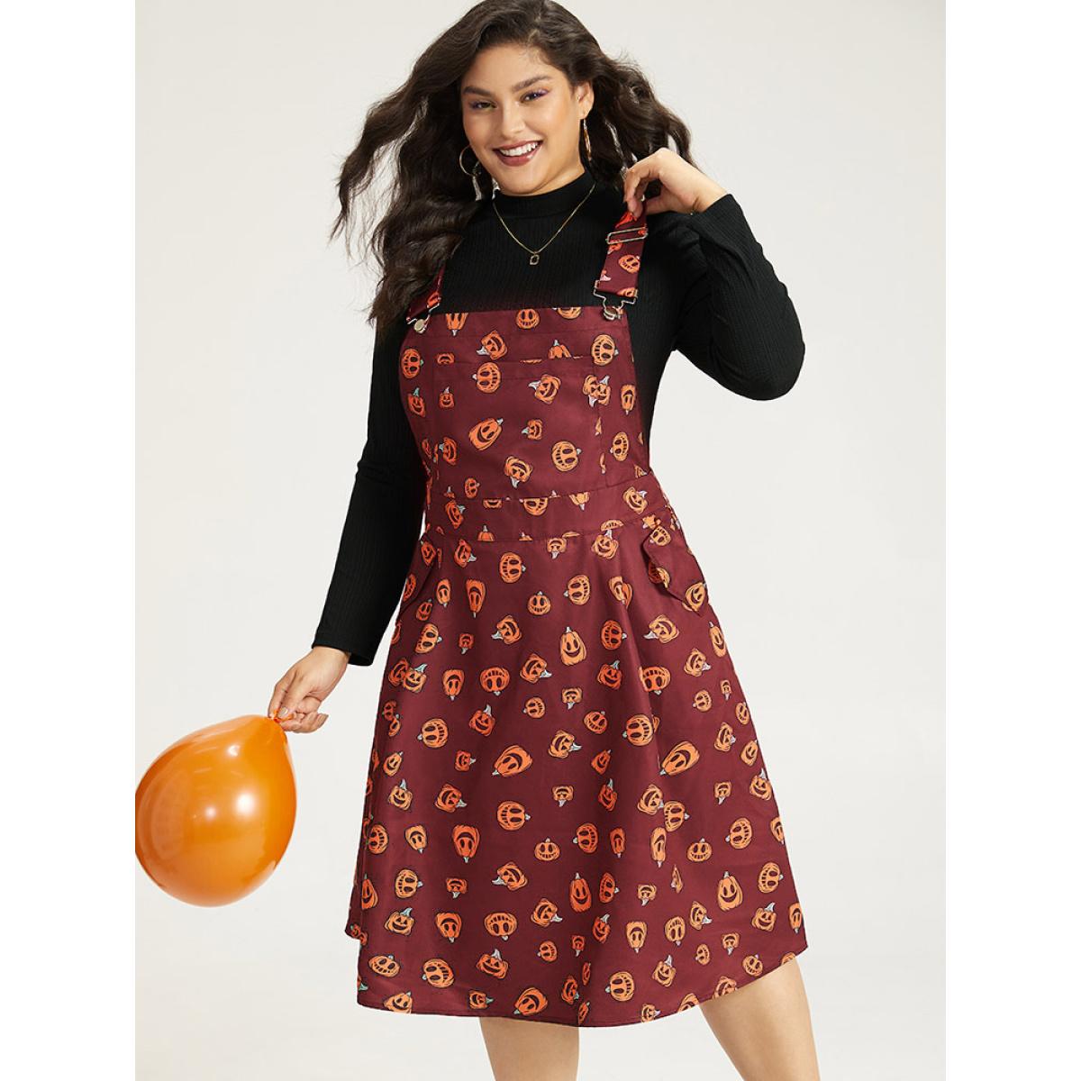 Plus Size Halloween Pocket Pumpkin Print Overall Cami Dress Black Women Playful Adjustable Straps Spaghetti Strap Sleeveless Curvy Midi Dress BloomChic 18-20/2X Product Image