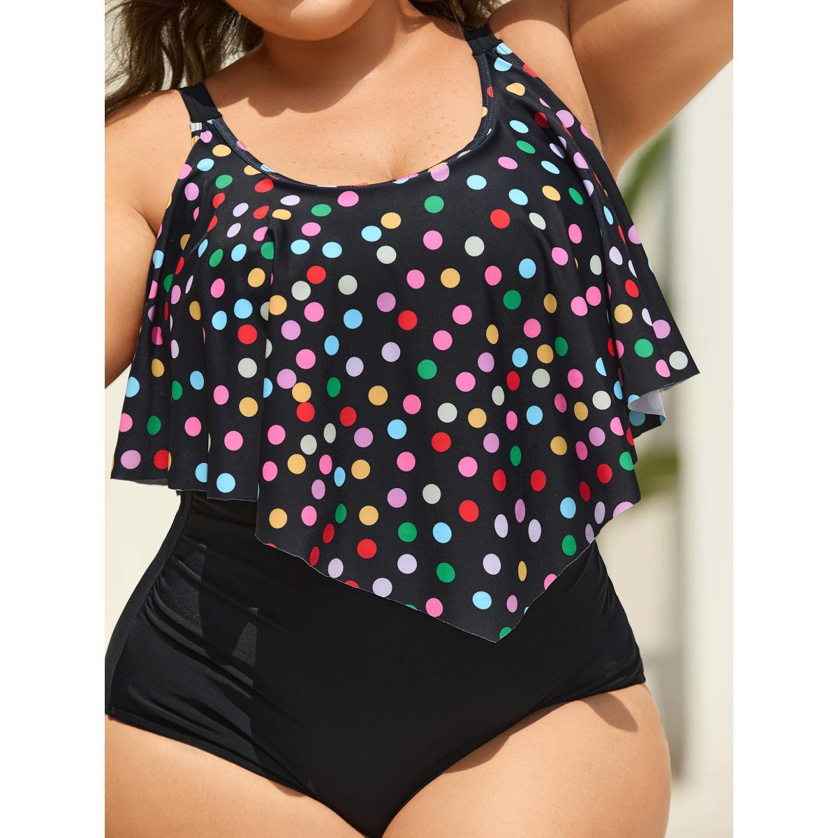 Plus Size Polka Dots Lotus Leaf Edge One-Piece Swimsuit Women's Swimwear Black Resort Gathered Curve Bathing Suits High stretch One Pieces BloomChic 12/L Product Image