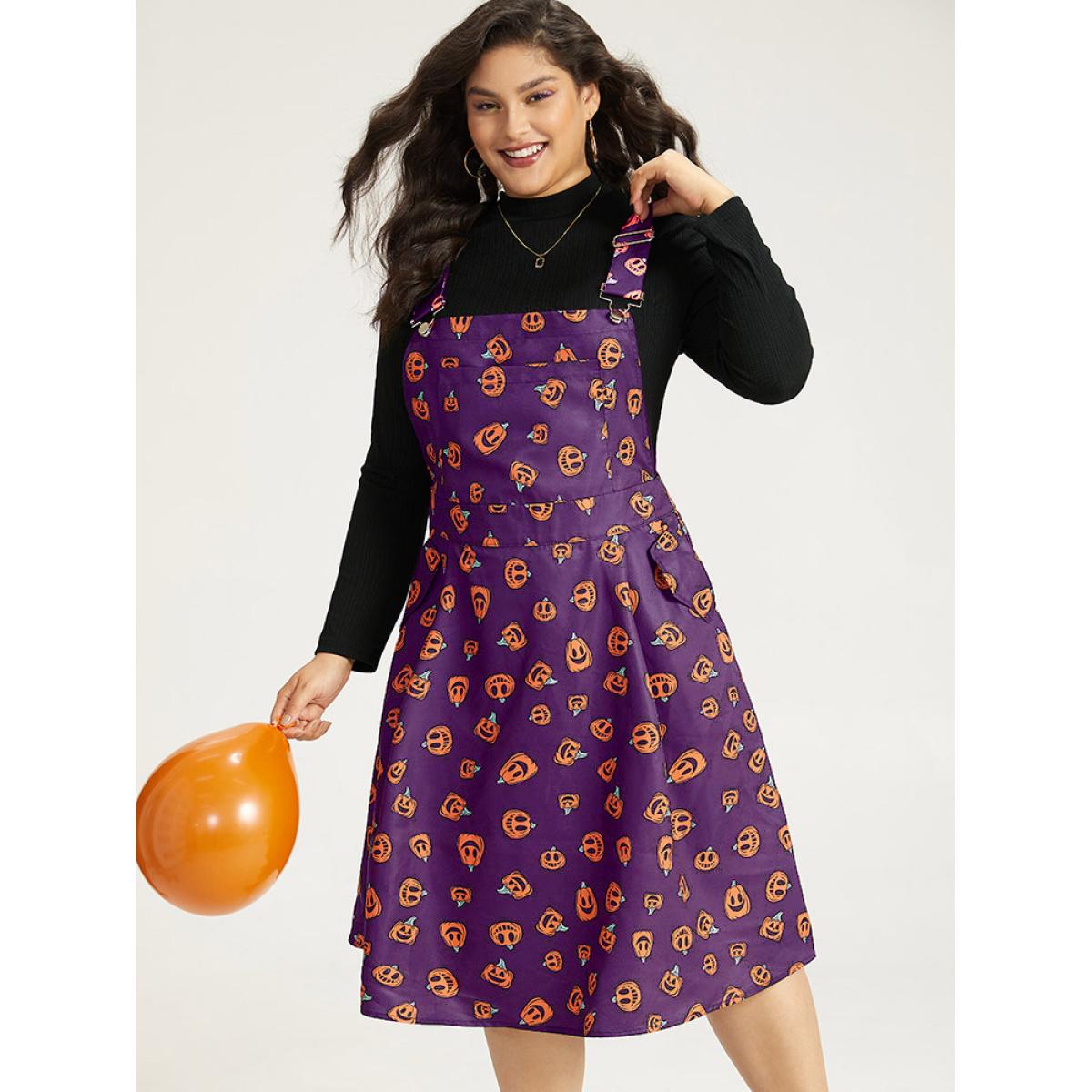 Plus Size Halloween Pocket Pumpkin Print Overall Cami Dress Black Women Playful Adjustable Straps Spaghetti Strap Sleeveless Curvy Midi Dress BloomChic 18-20/2X Product Image
