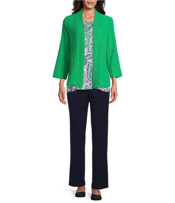 Allison Daley Floral Eyelet Knit 3/4 Sleeve Open Front Cardigan Product Image