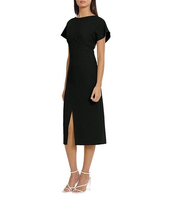 Donna Morgan Stretch Crew Neck Short Sleeve V-Back Midi Dress Product Image