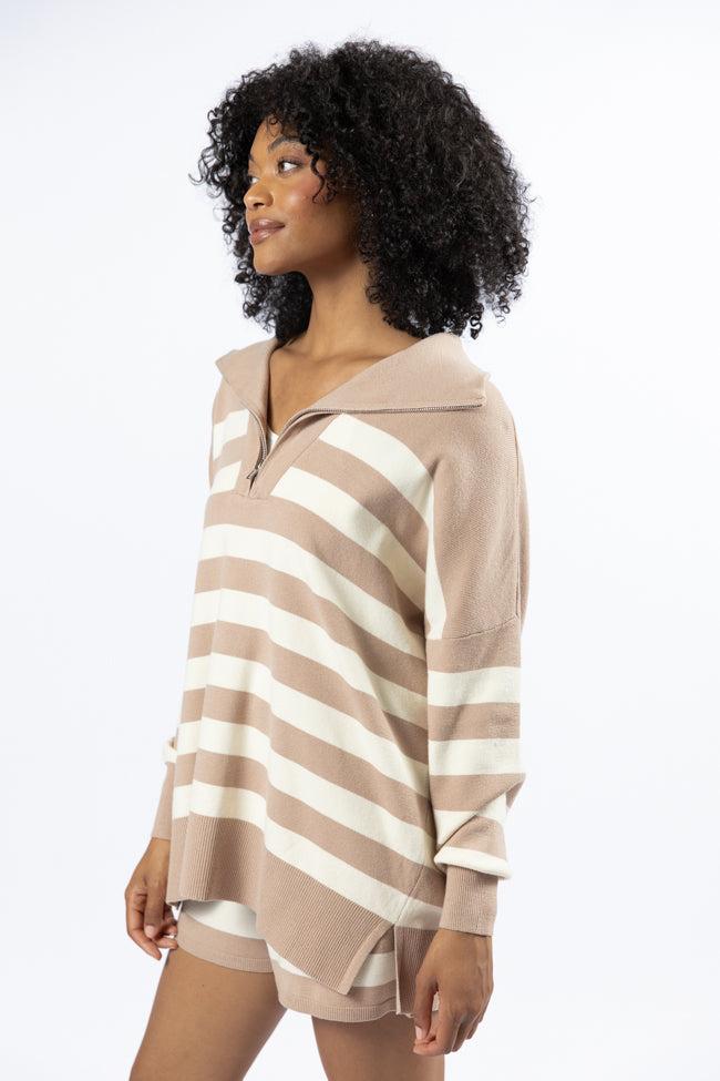 Pulling Heartstrings Taupe And Cream Striped Quarter Zip Pullover FINAL SALE Product Image