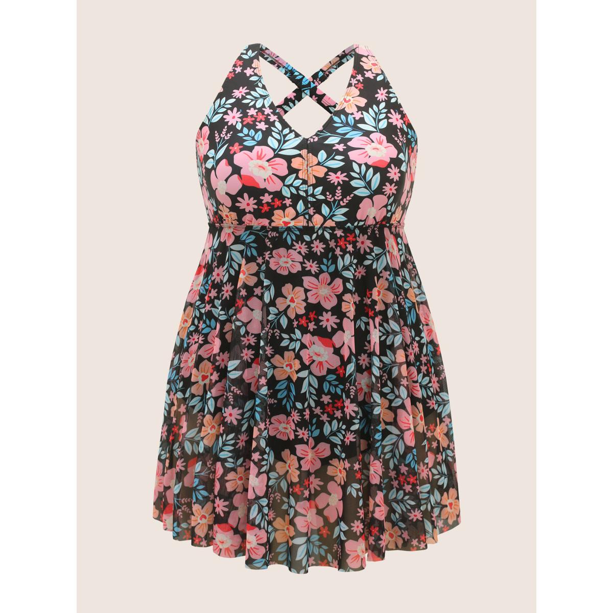 Plus Size V Neck Natural Flowers Mesh Swim Dress Women's Swimwear Multicolor Beach Bodycon V-neck High stretch Curve Swim Dresses BloomChic 14-16/1X Product Image