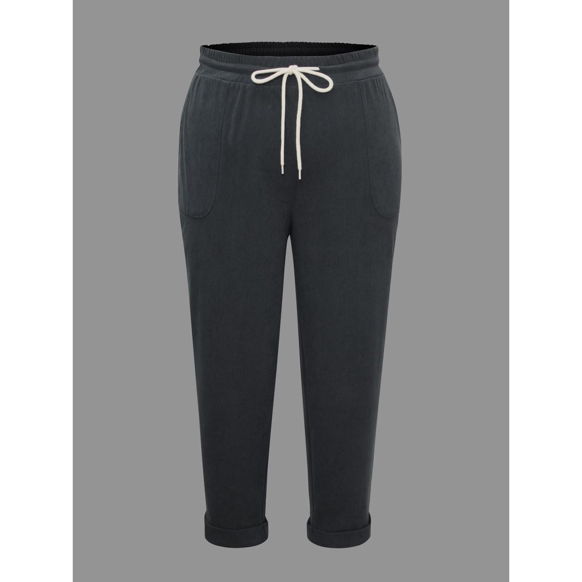 Plus Size Plain Drawstring Slant Pocket Roll Hem Pants Women SlateGray Casual Loose Mid Rise Everyday Pants BloomChic 14-16/1X Product Image