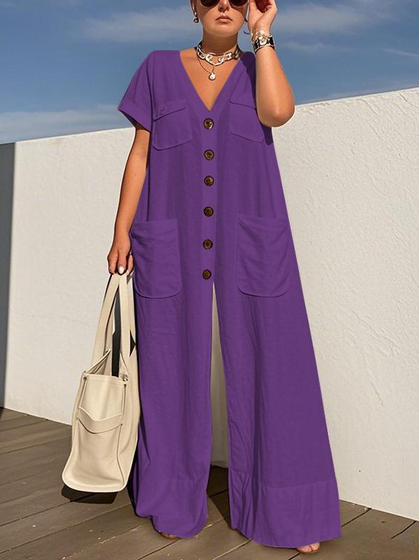 Loose Short Sleeves Buttoned Pockets Solid Color V-Neck Jumpsuits Product Image