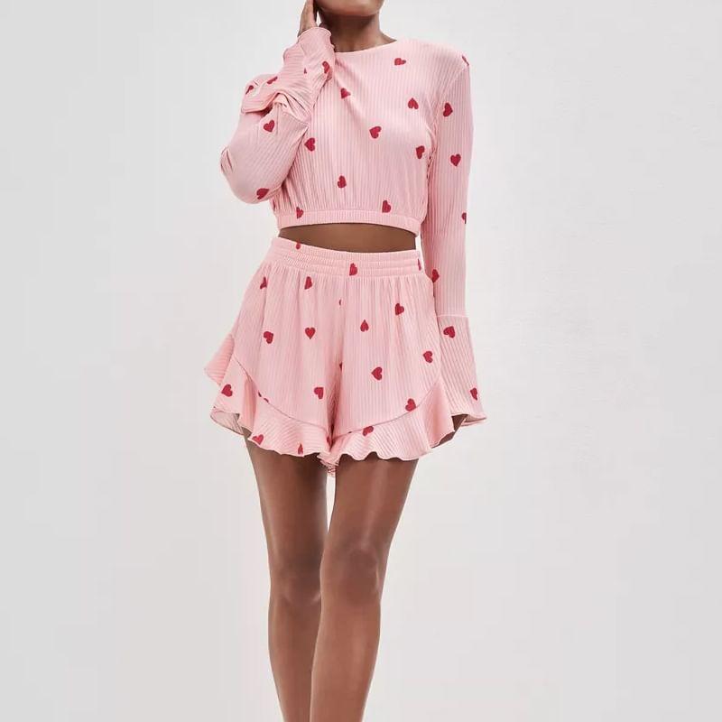 Pajama Set: Bell Sleeve Crew Neck Heart Print Crop Top + Elastic Waist Ruffle Shorts Product Image