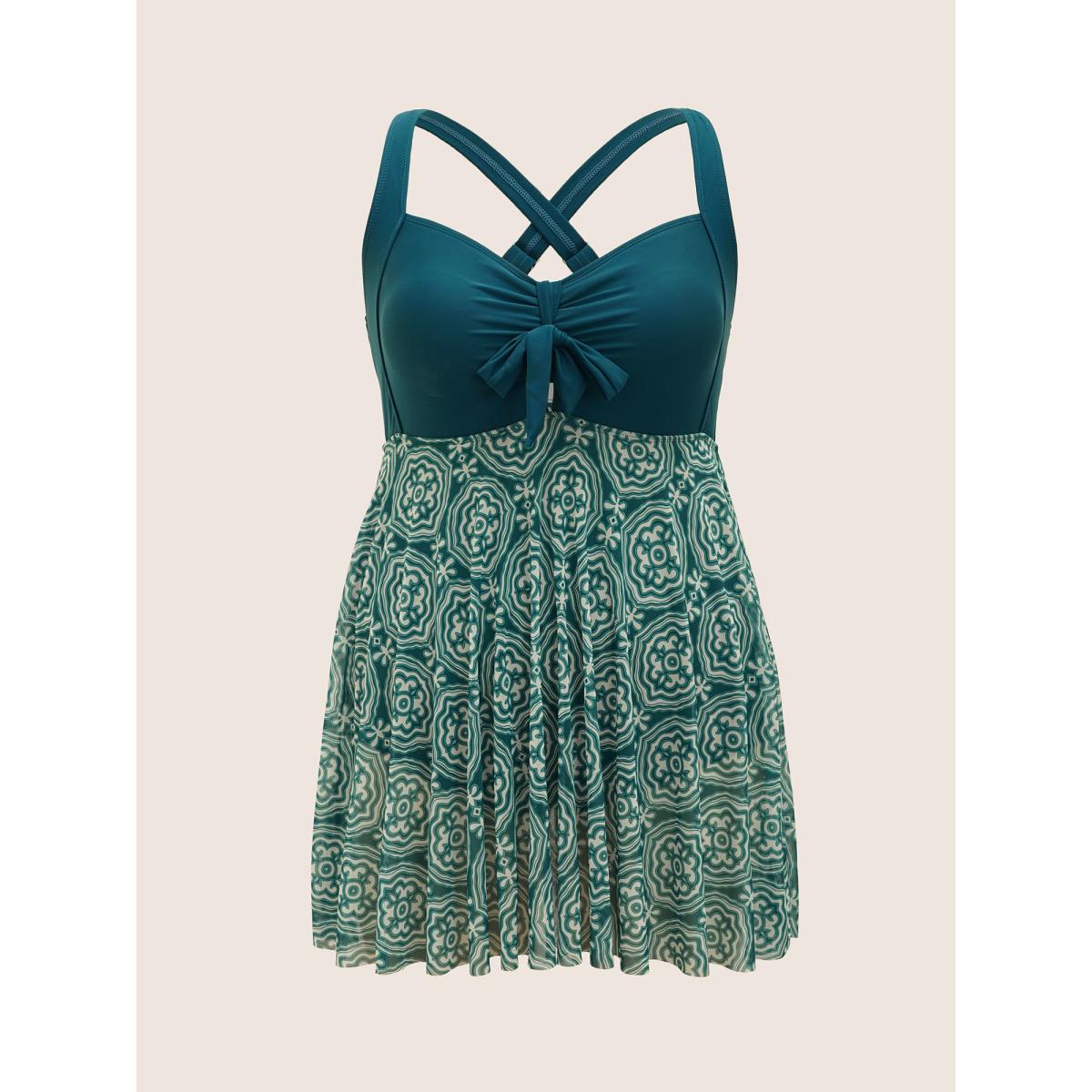 Plus Size Boho Print Patchwork Tie Knot Gathered Swim Dress Women's Swimwear DarkGreen Beach Bodycon Heart neckline High stretch Curve Swim Dresses BloomChic 10/M Product Image