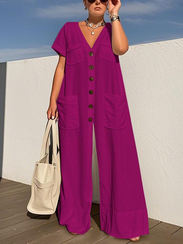Loose Short Sleeves Buttoned Pockets Solid Color V-Neck Jumpsuits Product Image