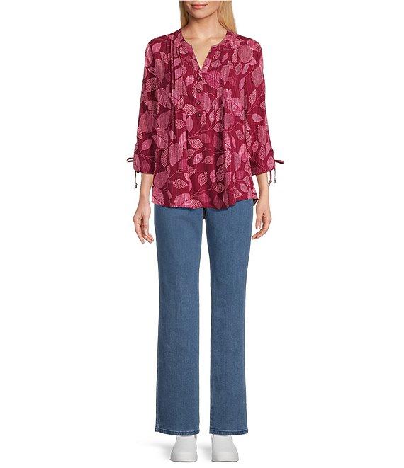Allison Daley Leaf Print 3/4 Tie Sleeve Y-Neck Button Front Blouse Product Image